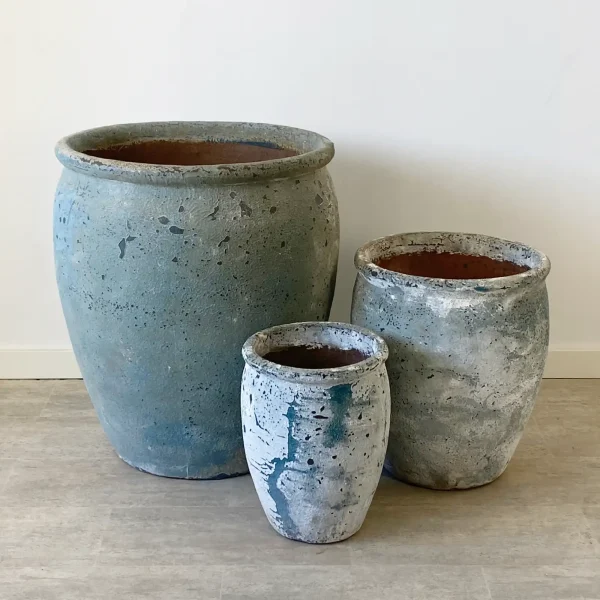 Set 3 maceteros terracota azul ANTIC