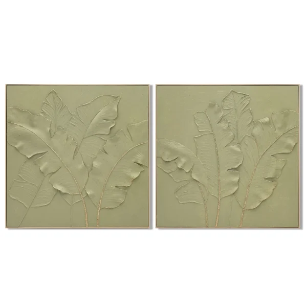 Set 2 cuadros verde brillo relieve HOJAS