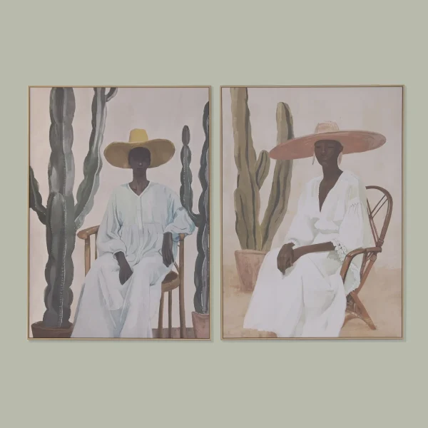 Set de 2 cuadros mujeres con sombrero y cactus en lienzo