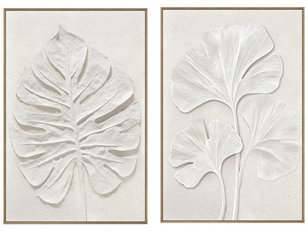 Set 2 cuadros blanco beige relieve HOJAS