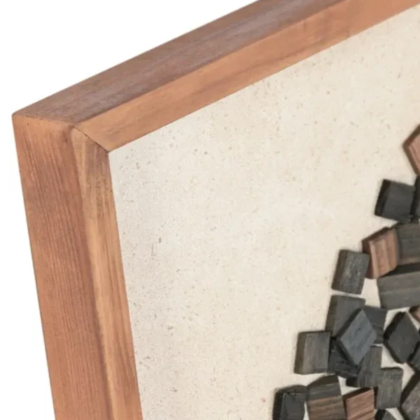 Cuadro en madera reciclada, fondo con textura en beig y piezas 3D en madera reciclada de pino