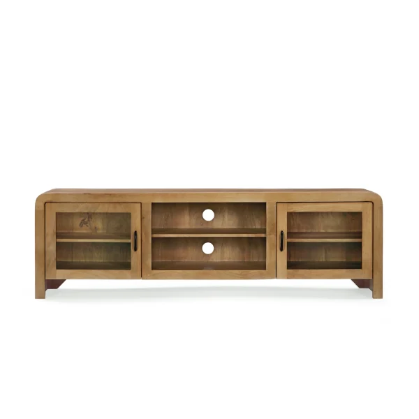Mueble tv en madera de mango, con huecos pasacables, puertas acristaladas y baldas