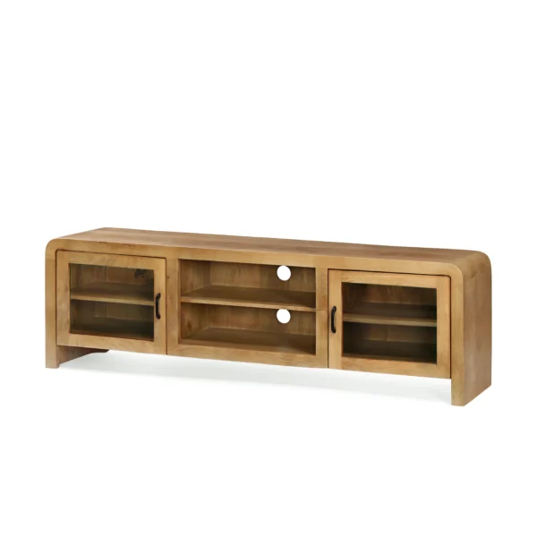 Mueble tv en madera de mango, con huecos pasacables, puertas acristaladas y baldas