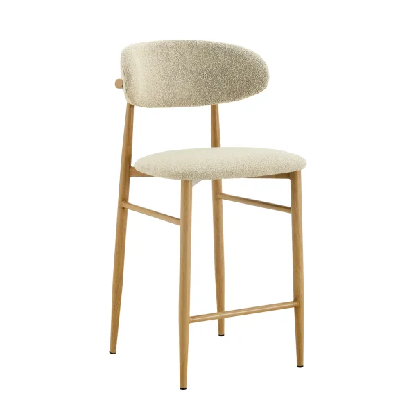 Pack de 2 taburetes en metal imitación madera natural con asiento y respaldo tapizados en tono blanco crudo